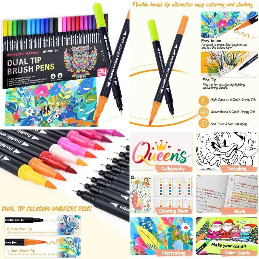 

24 Colors Dual Tip Markers for Adult Coloring Books Water-Based Non-Bleeding Art Supplies with Fine and Brush Tips Ideal for Ca