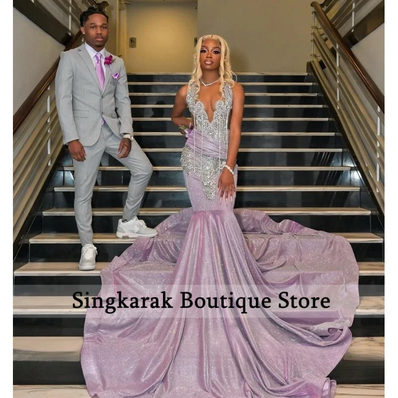 

Purple Prom Dresses 2026 African Sequin Crystals Beading V Neck Mermaid Party Dress For African Girls Evening Gowns Customized