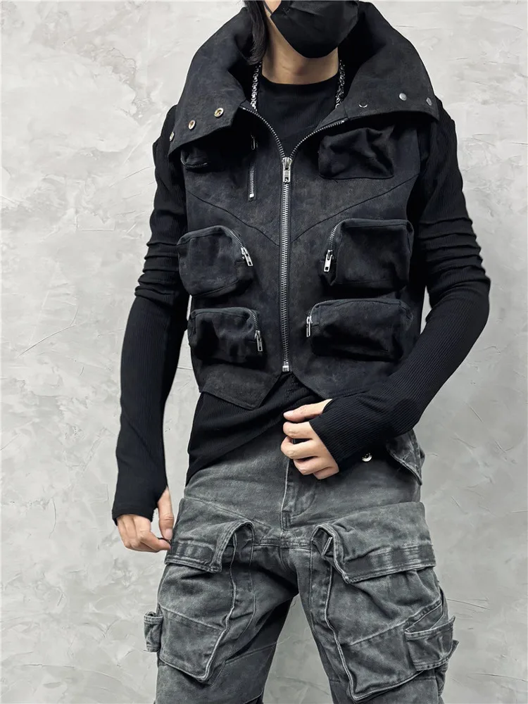 Heavy Retro Vest Mens Waste Soil Wash Water Splicing Three-dimensional Patch Bag Tactical Stand Collar Casual Shoulder Jacket