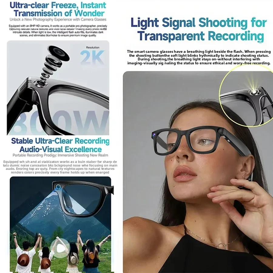 AI Smart Glasses with 800W HD Camera 1080P Video Voice Control Bluetooth/Wi-Fi 230mAh Fast Charging Lightweight Hands-Free