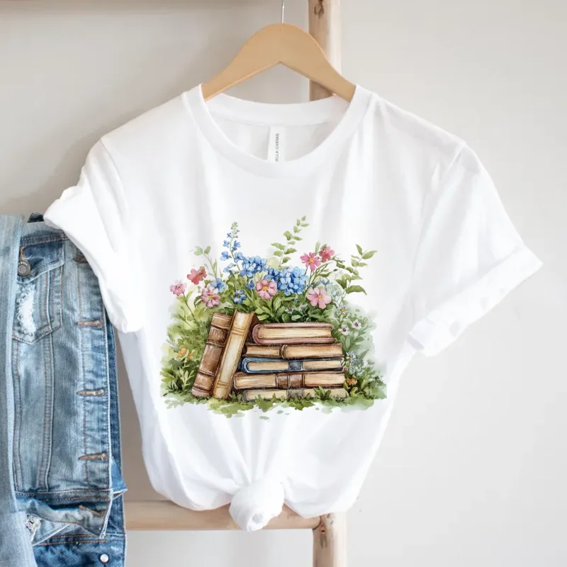

Printed Book Flower Pattern Casual Top Women's Style Fun Summer Short Sleeved Round Neck Regular Harajuku Cartoon T-Shirt