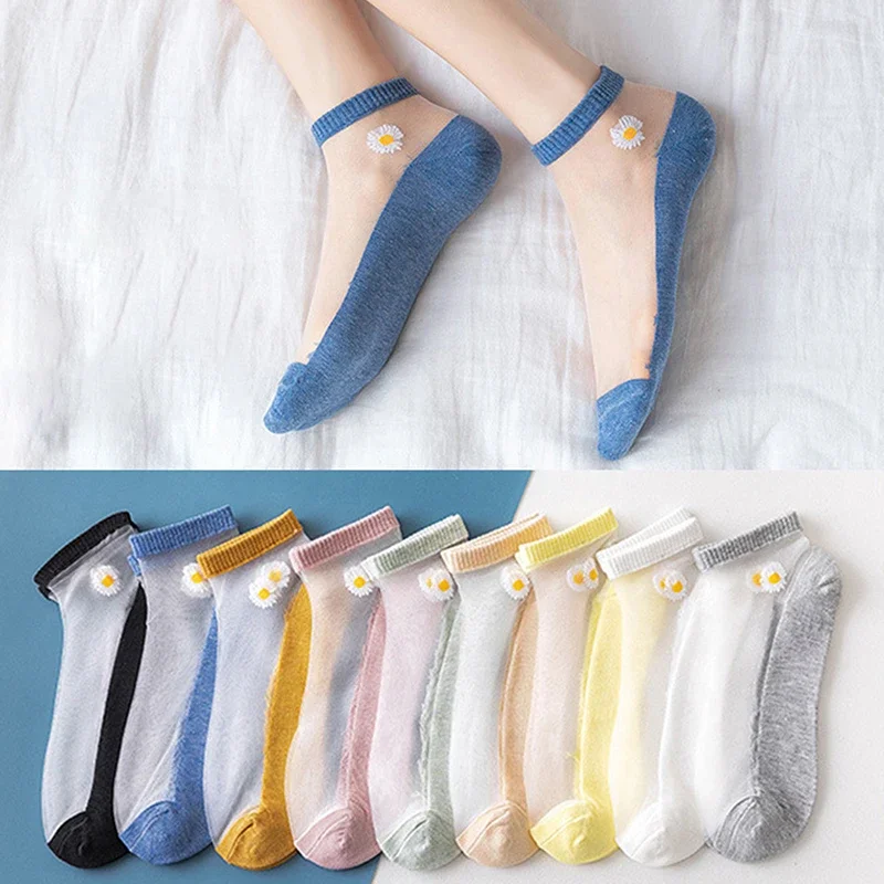 

3Pairs Cute Fashion Little Daisy Silk Socks Kawaii Embroidery Summer Glass Fiber Silk Socks Daisy Flower Ankle Socks