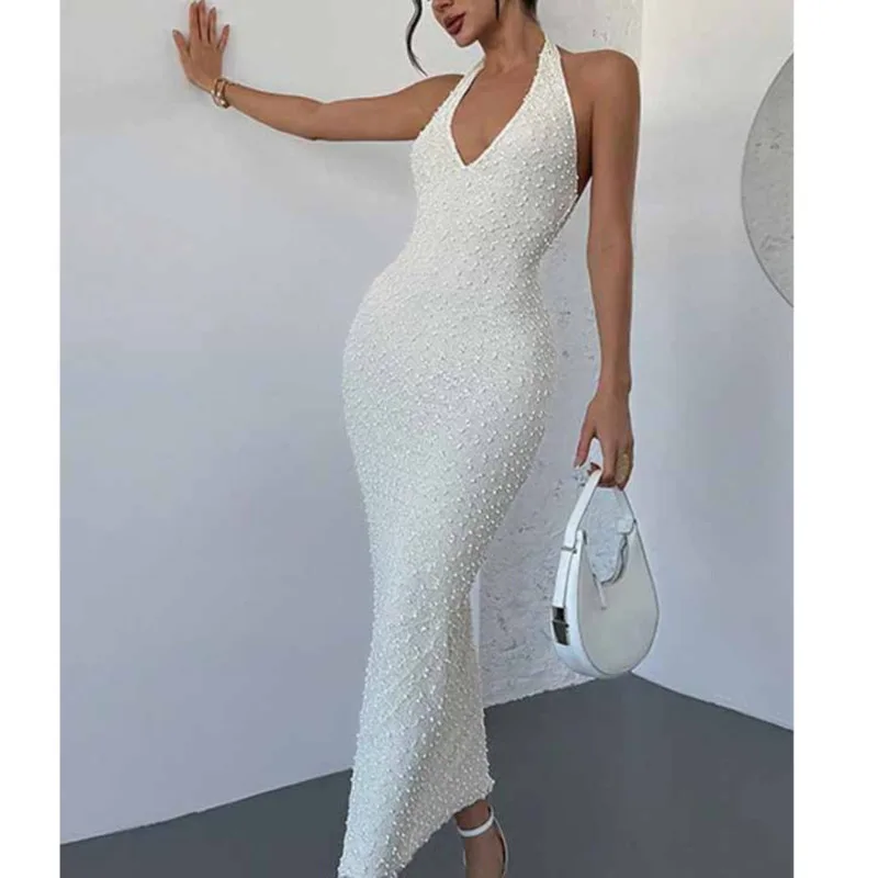 

V Neck Halter Neck Backless Maxi Dress For Women Elegant Slim Fit Long Dress Summer Party Evening Formal Wear Fashion Sexy Style