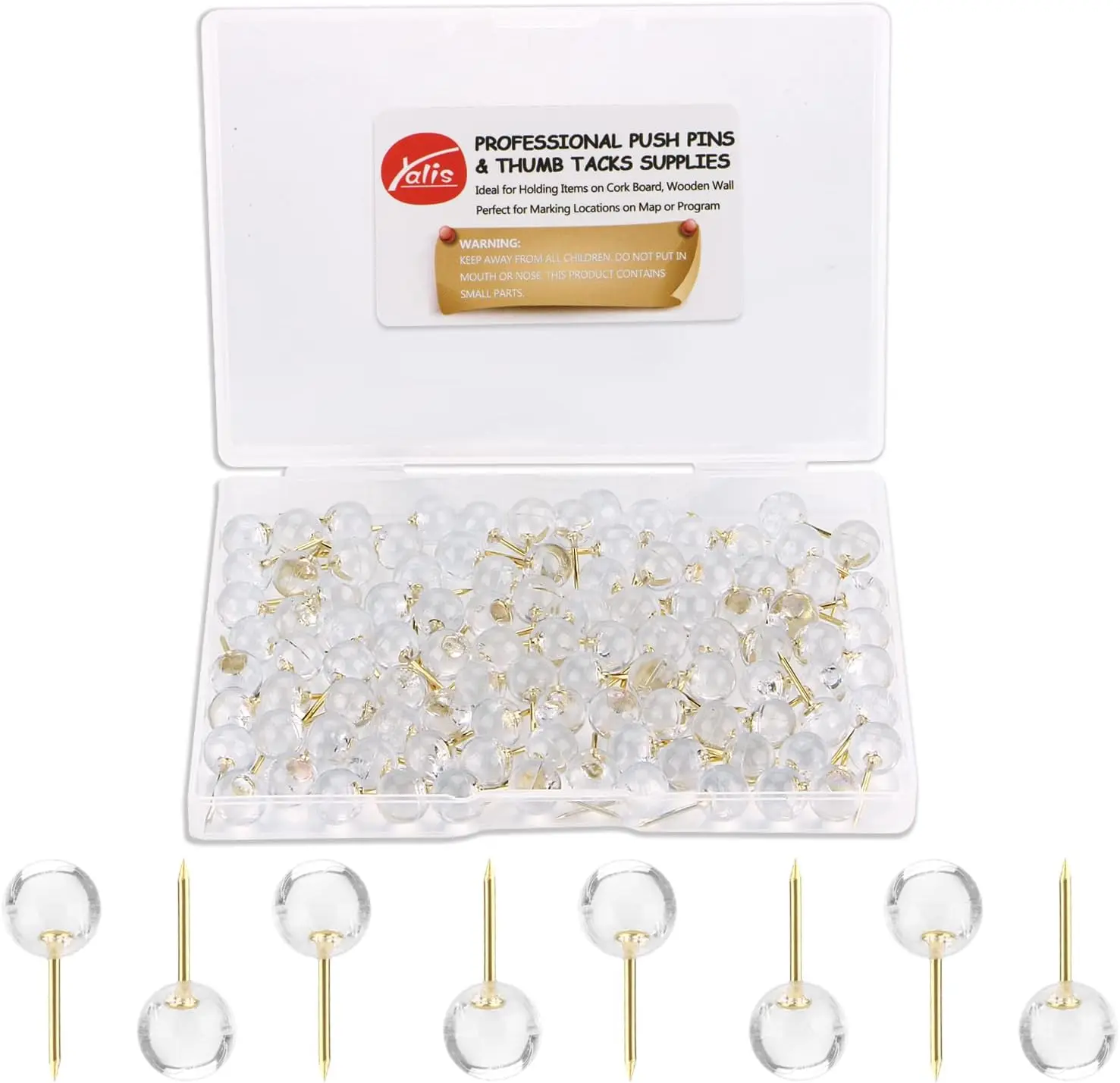 

Gold Push Pins, 1/3 Inch Head, 100 Count Large Map Tacks with Steel Points and Transparent Plastic Round Head