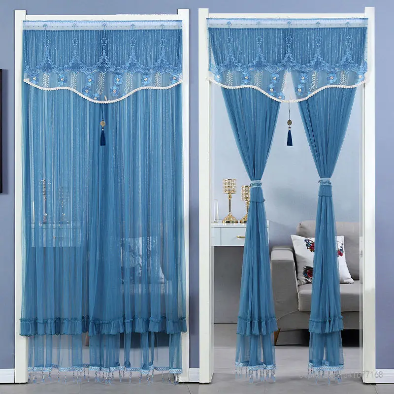 

Punch-Free Mosquito Screen Door Curtain, Breathable Bedroom Partition Curtain, Double Layer Lace Embroidered Door Curtain, 1Pc