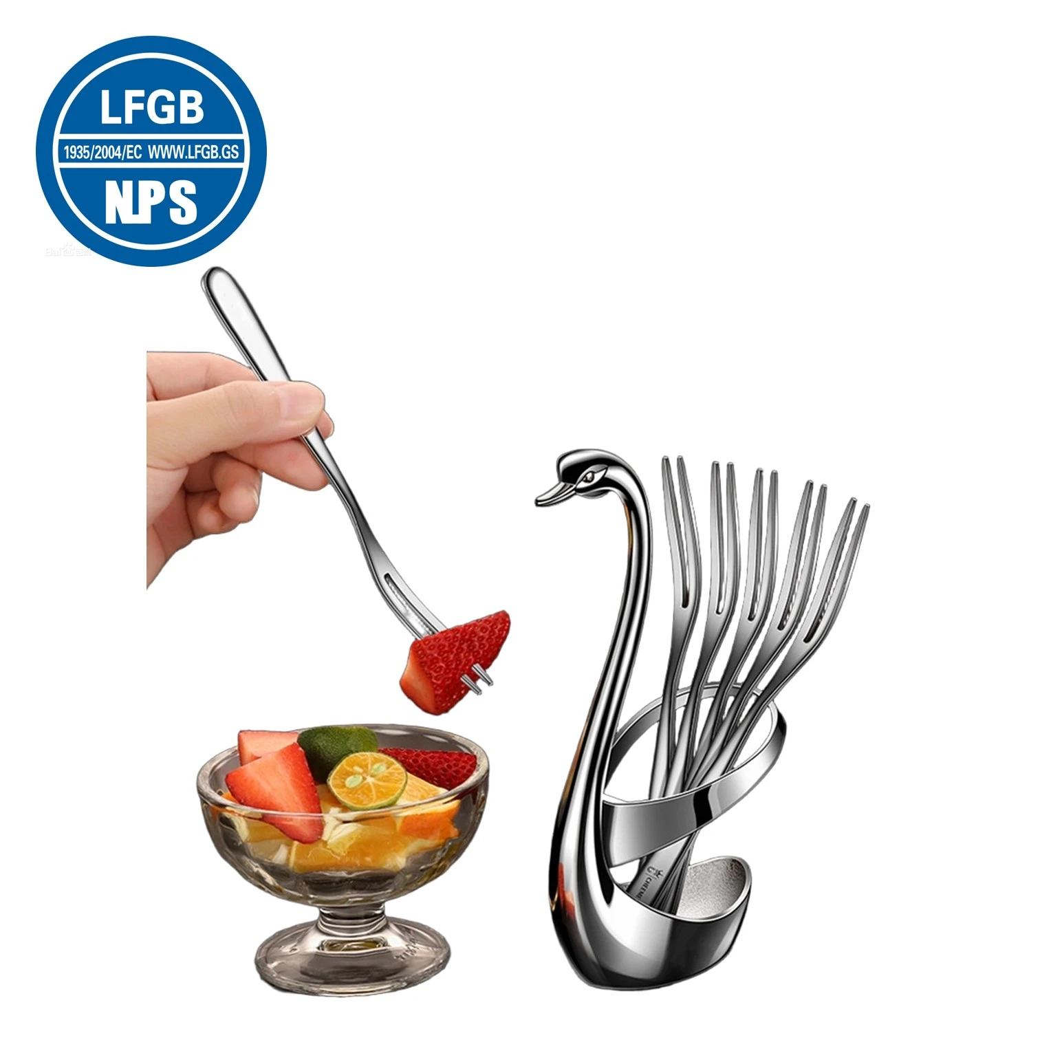 

LFGB Certification 304 Stainless Steel Party Tiny Fruit Dessert Forks with Storage Swan Base Banquet Decor Ornament for Wedding