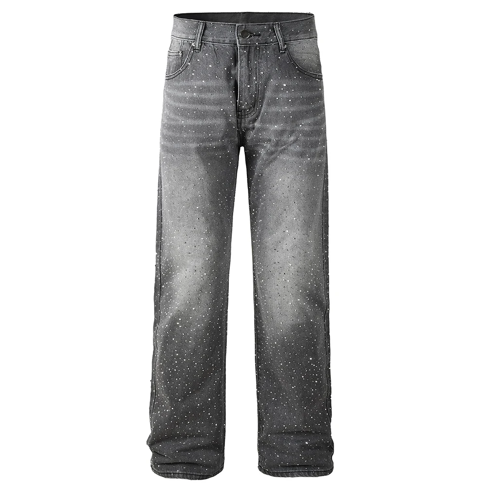 

Мужские джинсы со стразами, высококачественные мешковатые брюки с кристаллами, повседневные серые, черные свободные прямые брюки, одежда
