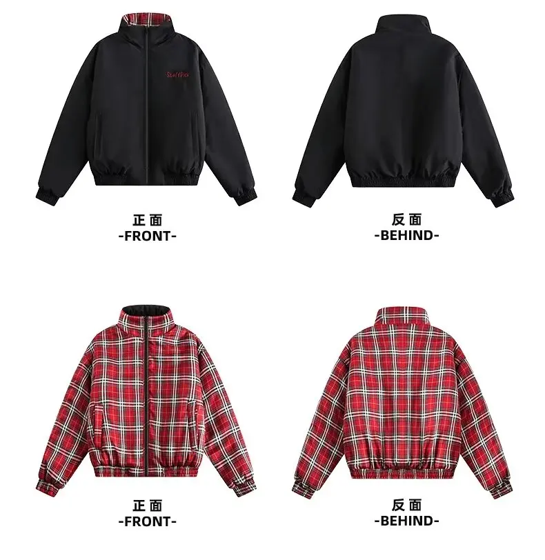 Vintage Plaid Parkas Women Two Sided Cropped Jacket Cotton Padded Coat Female Stand Zipper Loose Casual Autumn Winter Outwear