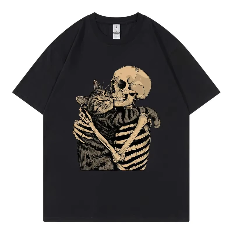 Skeleton Hugging Cat Graphic T ShirtWomen Fashion Vintage Short Sleeve T-shirts Summer CasuT-shirt Streetwear