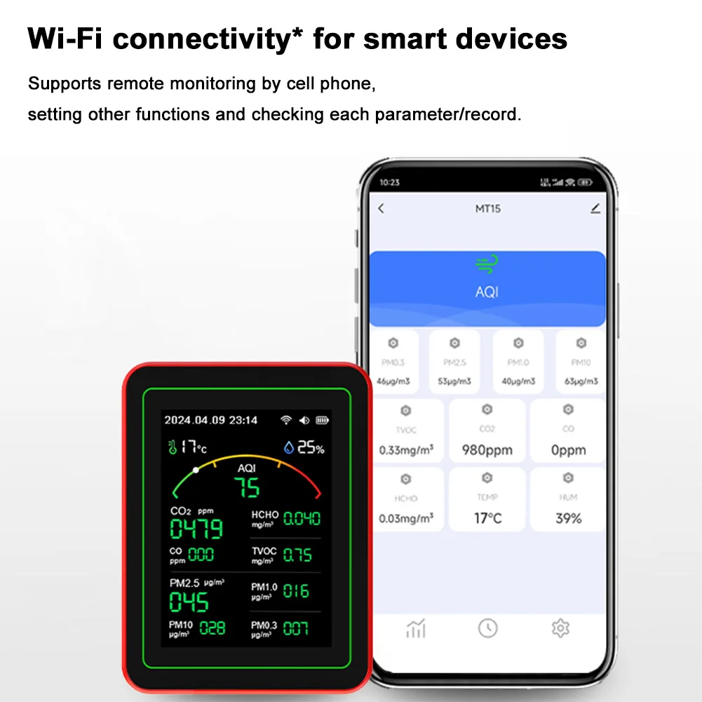 Detektor jakości powietrza WiFi 15 w 1, sterowanie aplikacją, przenośny tester AQI PM0.3 PM1.0 PM2.5 PM10 CO CO2 TVOC HCHO do użytku domowego