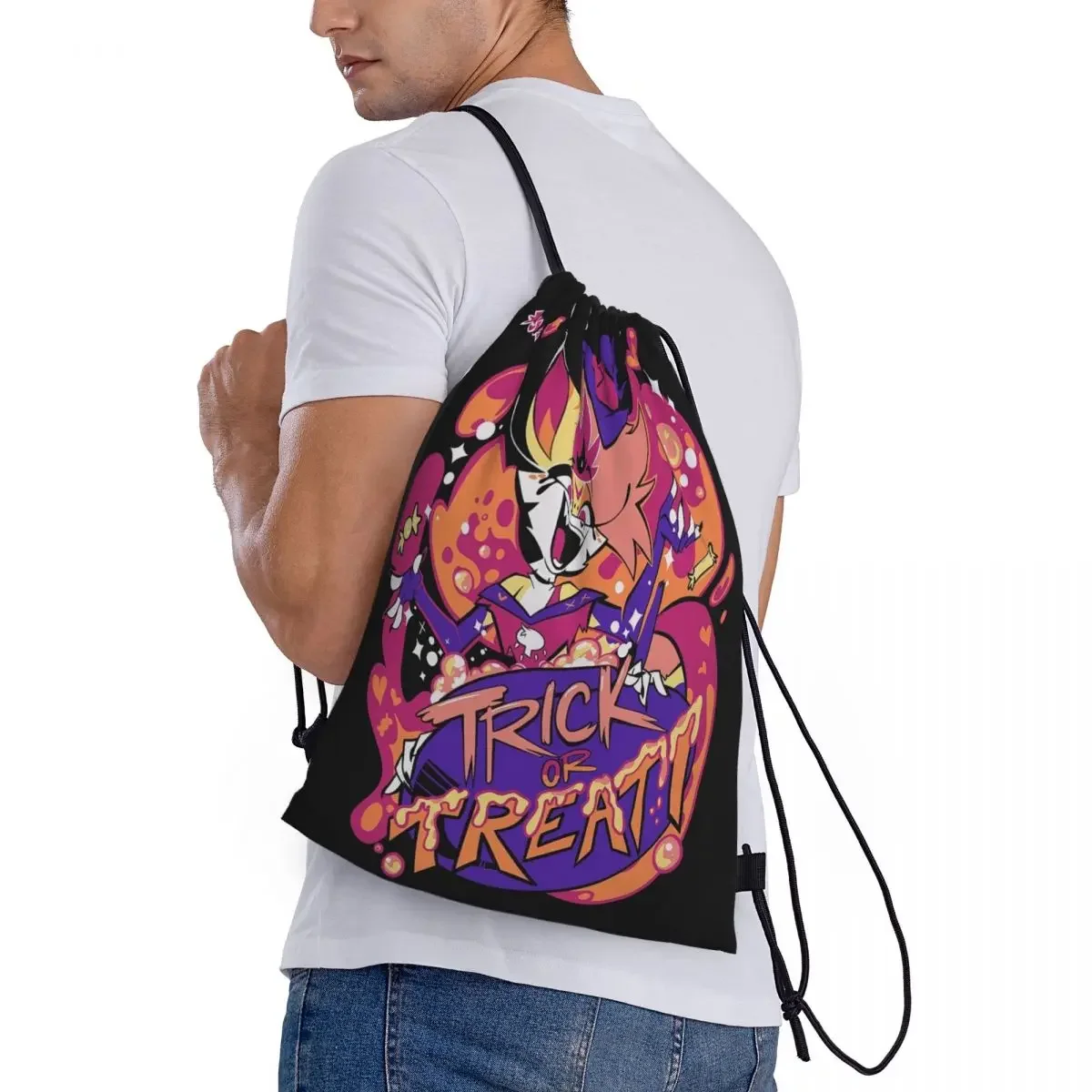 Custom Alastor Trick Or Treat Drawstring Bag Women Men Foldable Gym Sports Sackpack Hazbins Hotels Training Storage Backpacks