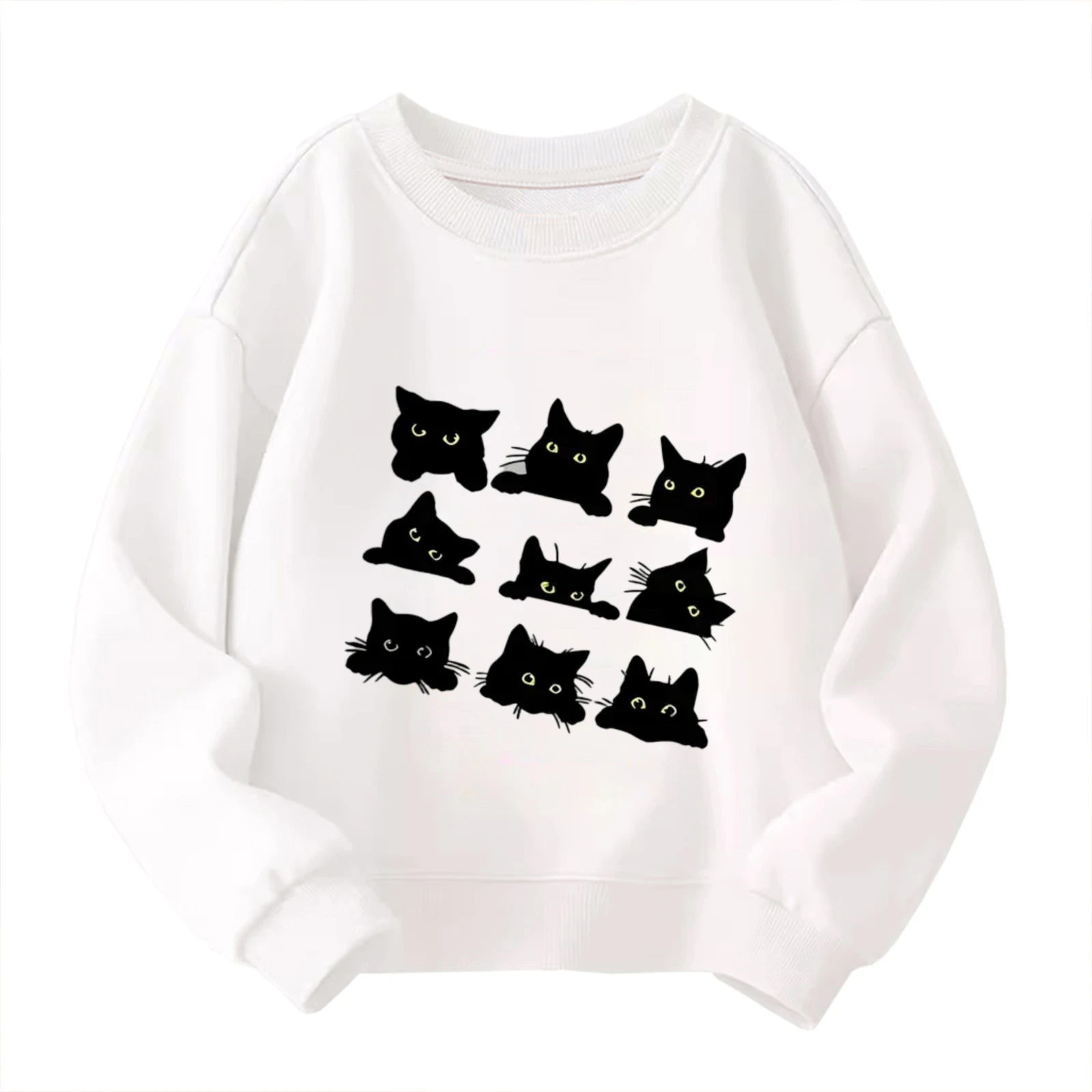 

Kids' Crew Neck Sweatshirt - Cute Spooky Black Cats Peeking Halloween Aesthetic Retro Graphic White Pullover