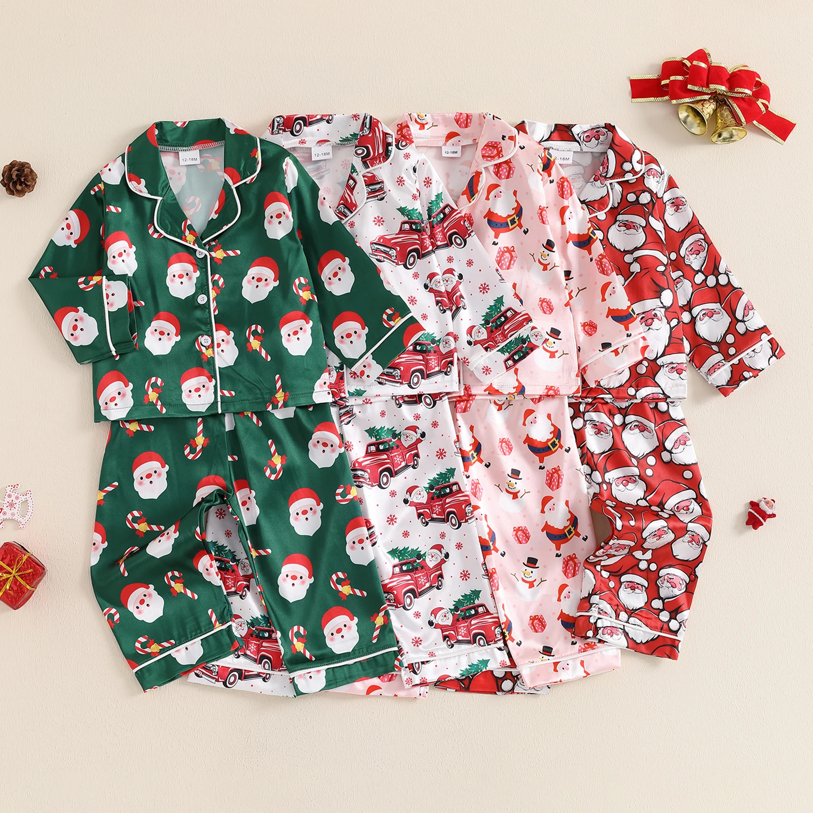 BeQeuewll Christmas Kids Girls Boys Pajamas Set Satin Santa Claus Button Children Sleepwear Long Sleeves Shirt Pants Loungewear