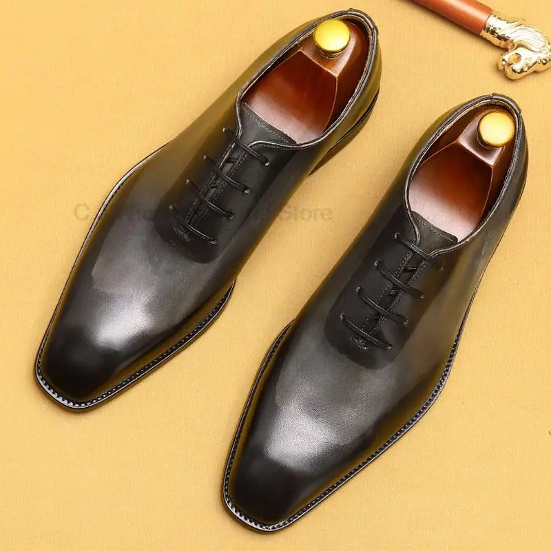 HKDQ High Quality Mens Oxford Shoes Square Head Genuine Calf Leather Luxury Brand Lace Up Business Office Brogue Dress Shoes