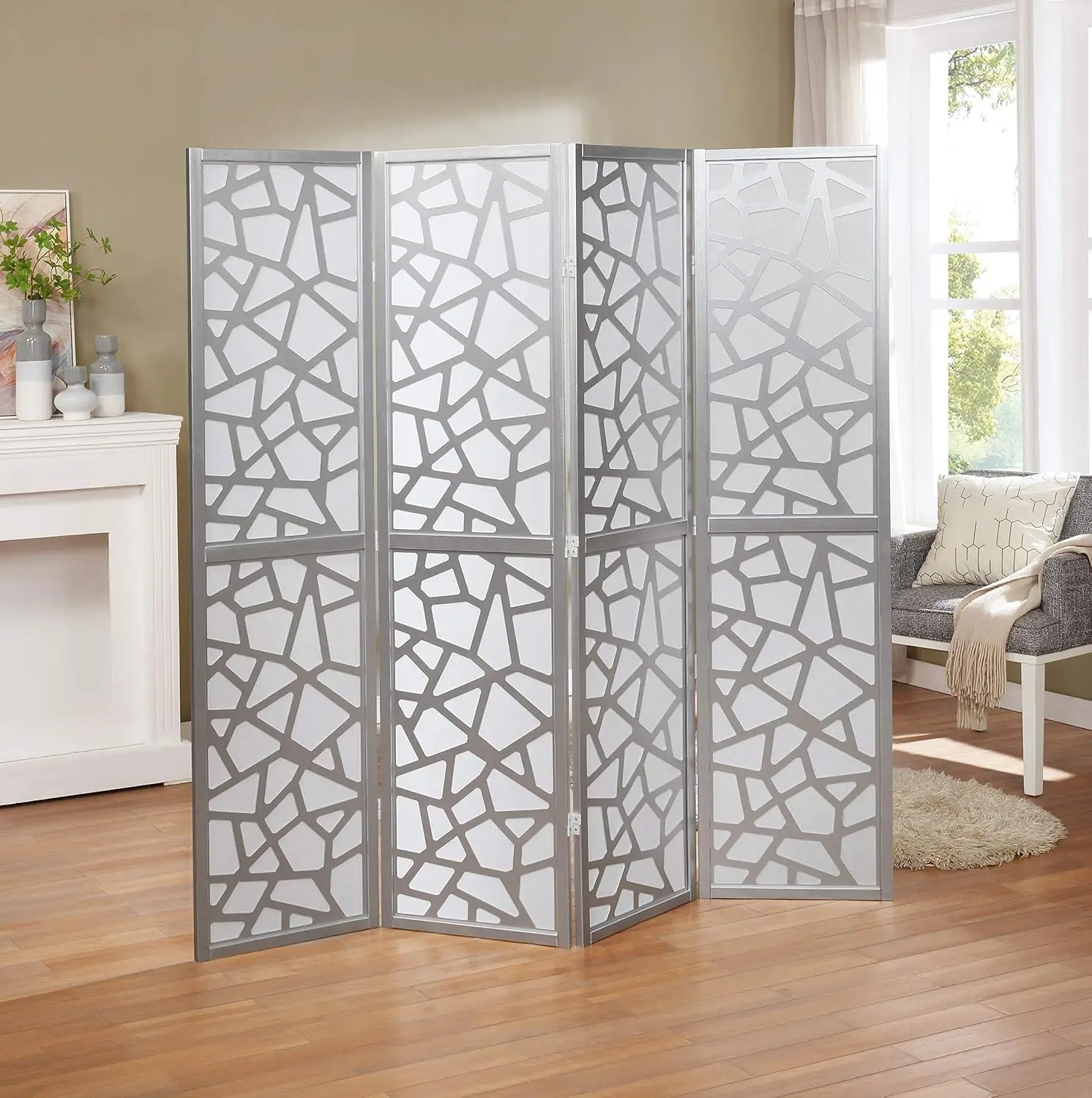 

Roundhill Furniture Giyano 4 Panel Screen Room Divider, Sliver