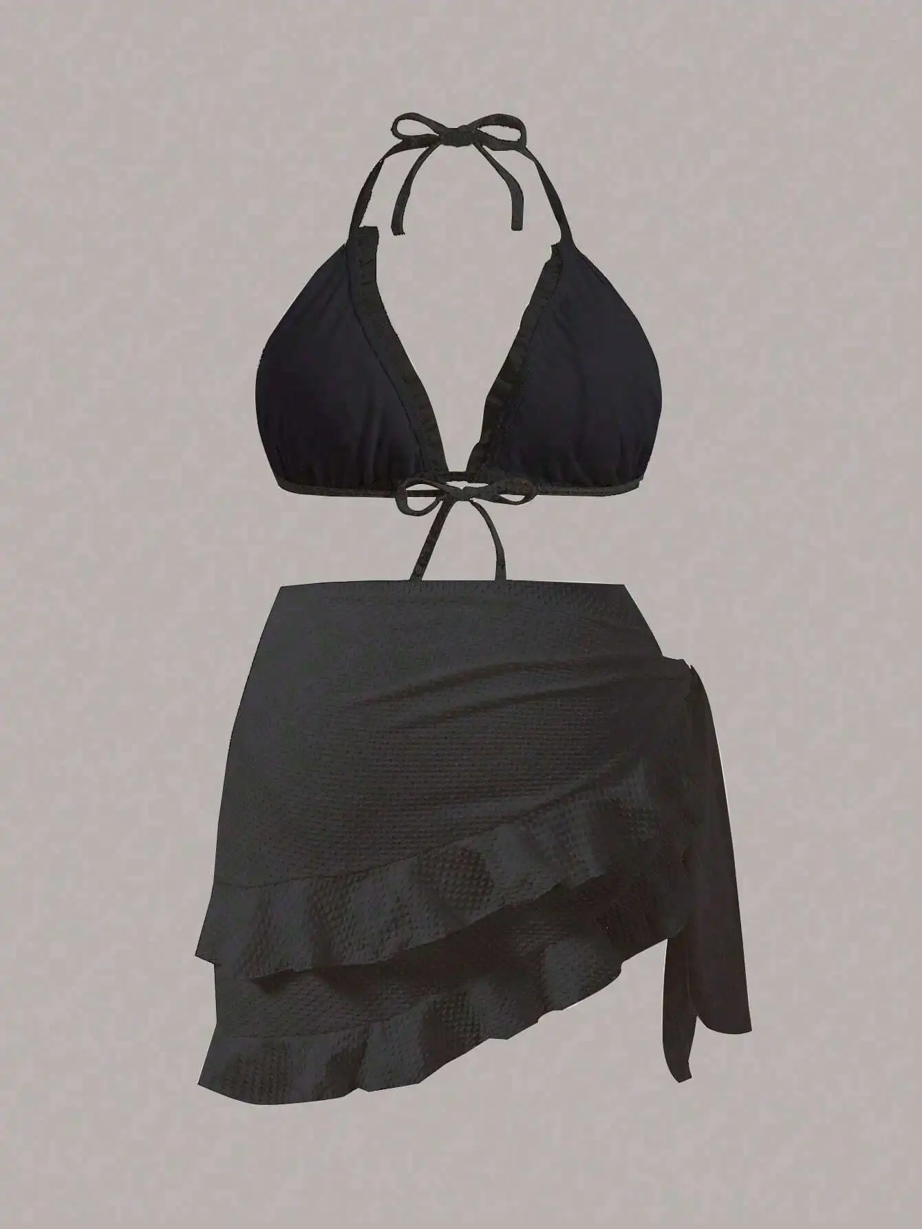 

Black Halter Neck Bikini Set With Frill Trim And Cover Up Skirt