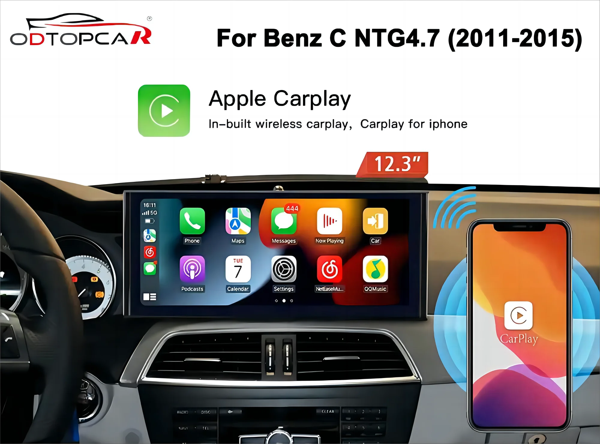 

ODTOPCAR Mercedes C-Class W204 Touch Screen Upgrade12.3 inch Wireless CarPlay Android Auto Movies Music Video Games YouTube