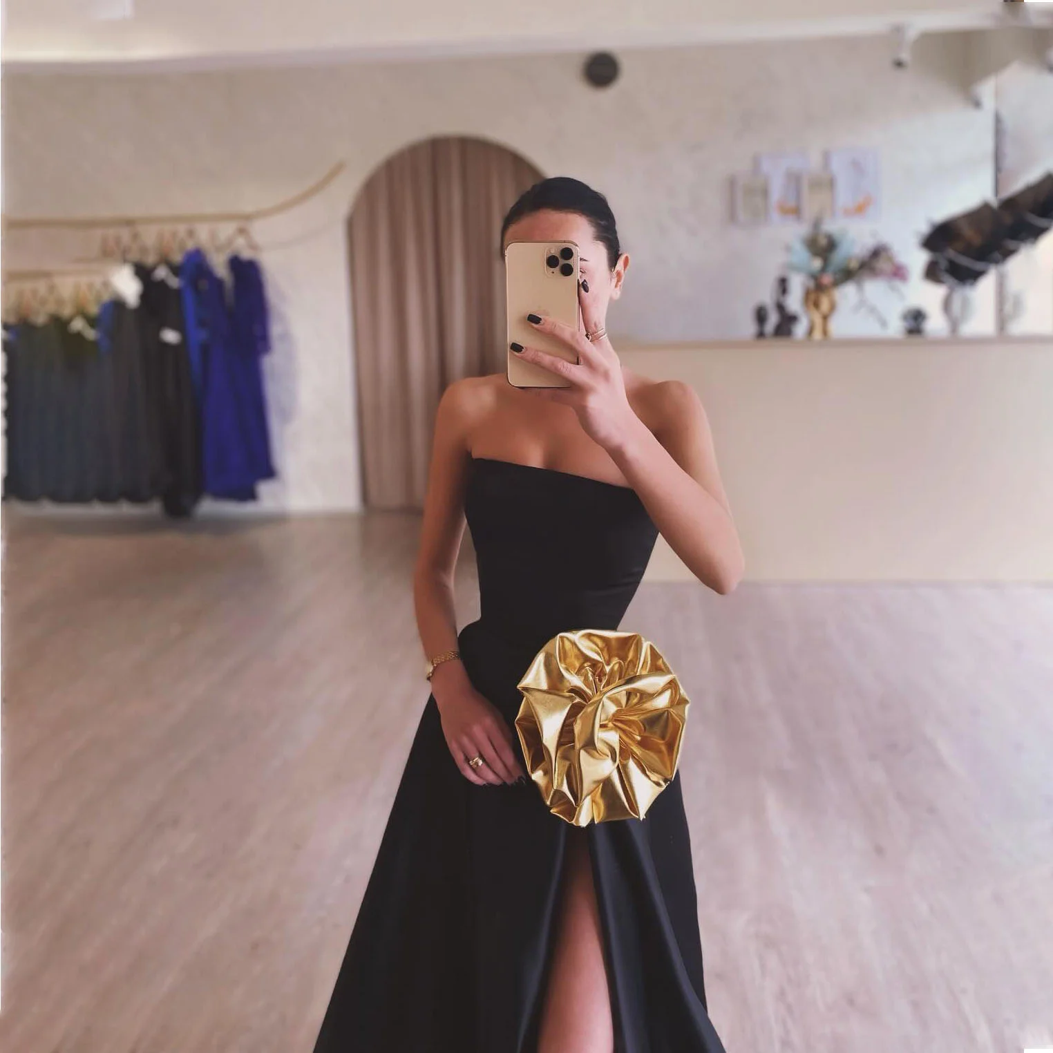 ROSES Black A Line Strapless Evening Dresses Charming Stain Prom Dress Party Dresses with Slit 3D Flower vestidos de noche