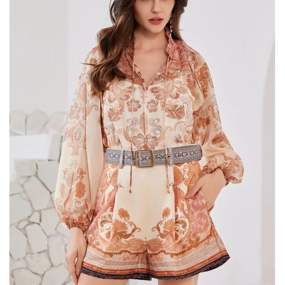 

Holiday Sle Silk Print Pleated Stand Collar Top orts Set with Strap 2025 New Arrival V Ne Long Sve Polyester Fabric