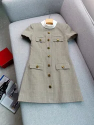 Luxury Plaid Short Dresses Women Summer Holiday Short Sleeve Single Breasted White Collar Mini Vestidos Party Robe