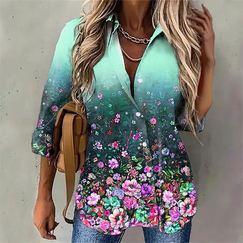 Spot Fashion Women's Loose New Style Flower Print Long Sleeved Lapel Shirt