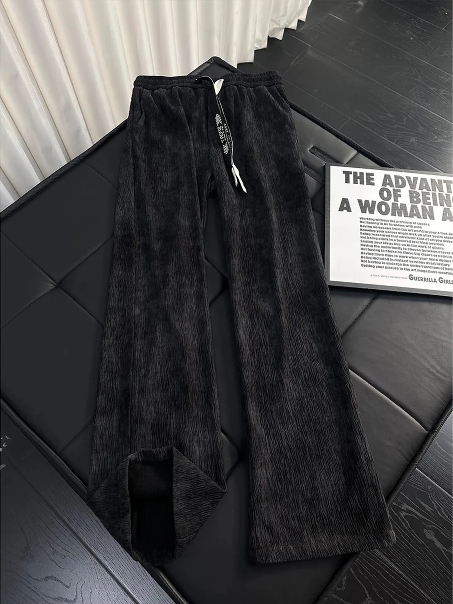 Black Dyed Ice Silk Sports Pants Men's Summer Thin American Straight Leg Casual Pants Breathable Quick Dry Loose Fit Street S...