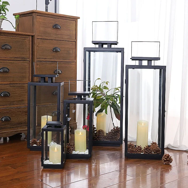 Outdoor Windproof Candle Holder - Black Iron & Glass Nordic Decor No candles included