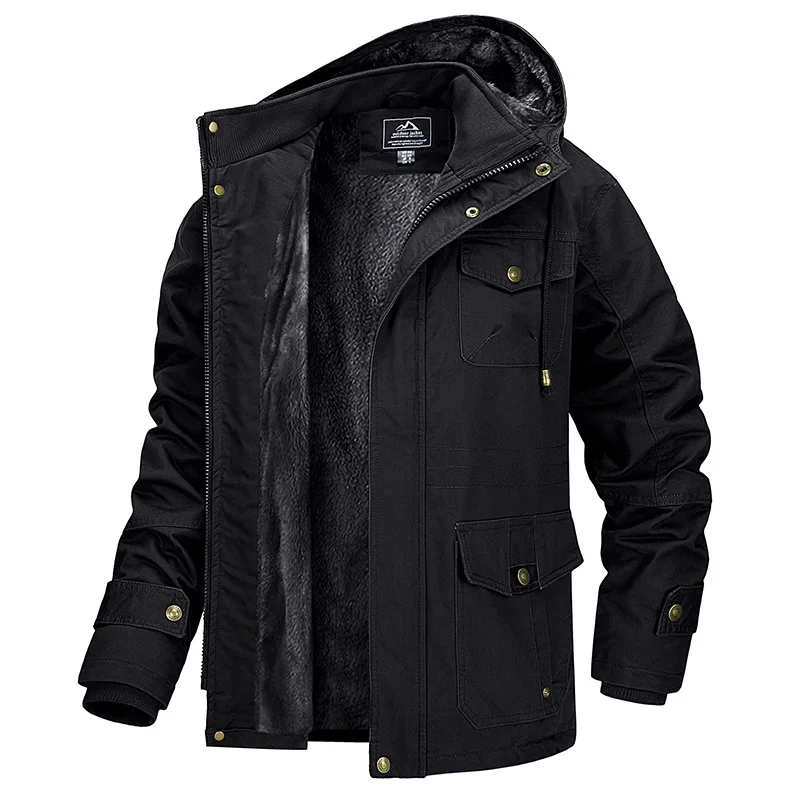 MAGCOMSEN Winter Jacket Men's Cotton Cargo Jacket Fleece Lined Thicken Work Coat Warm Parka Coat Detachable Hood Snow Ski Jacket