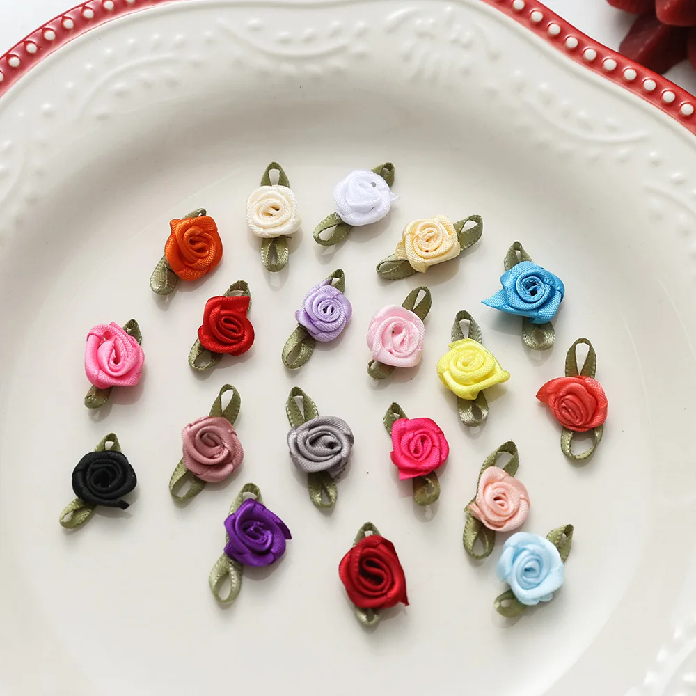 

100/200/500 Pcs Polyester Ribbon Roses with Leaves, Small Flowers Hair Bow Craft Decoration for Apparel Headwear DIY Trim