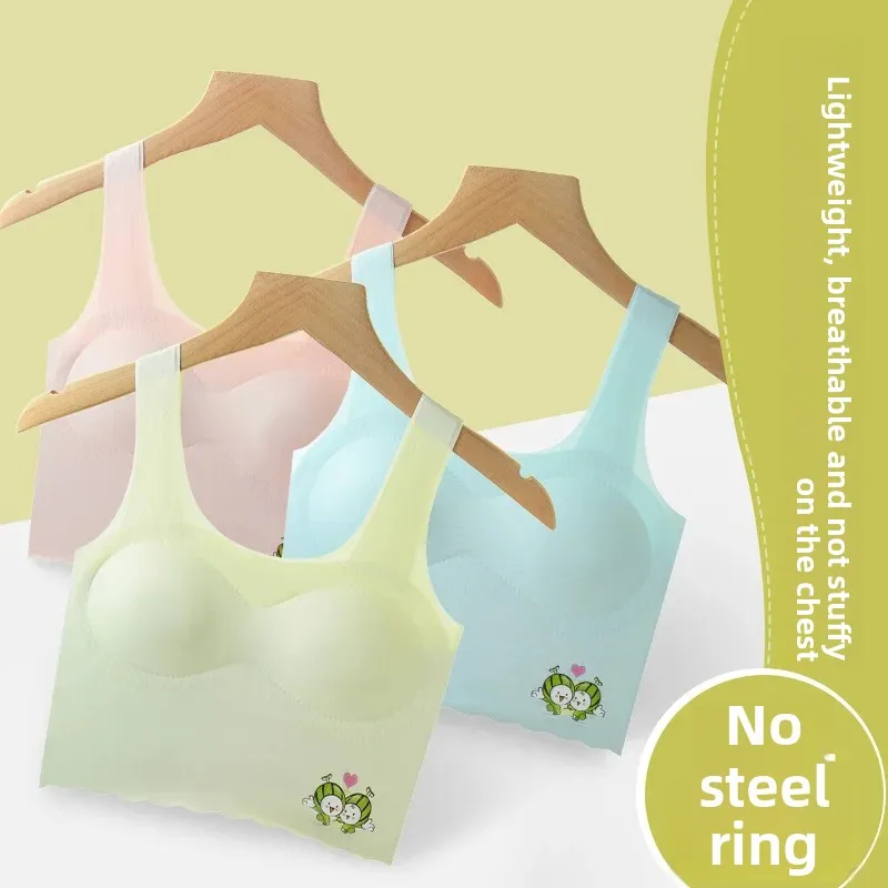 KUCLUT Development Period Ice Silk Sensation Sports Vest Seamless Thin Latex Pad Bra for Growing Girls Student Underwear