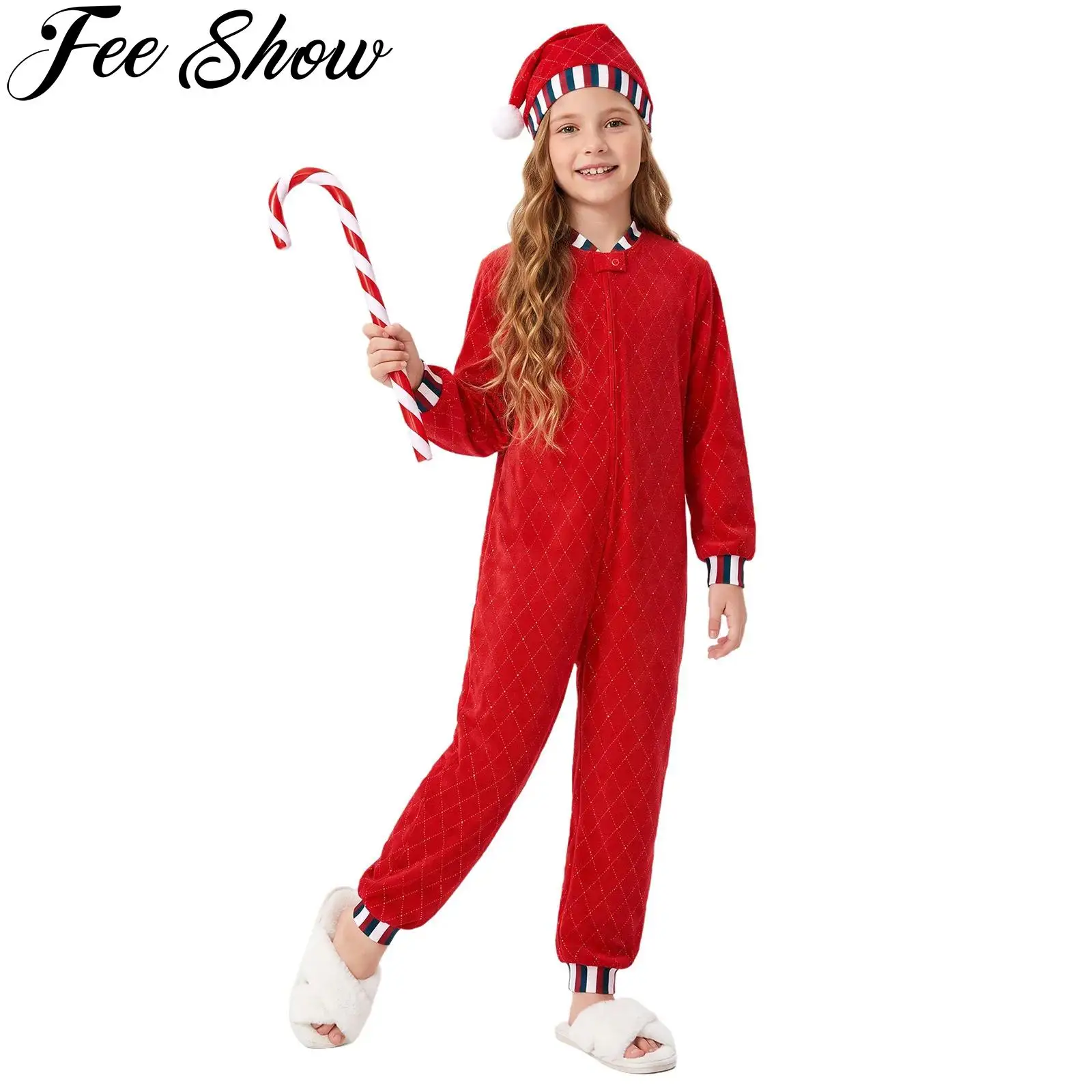 Kids Girls Christmas Elf Santa Helper Cosplay Costume Long Sleeve Rhinestone Velvet Jumpsuit with Hat for Holiday Xmas Party