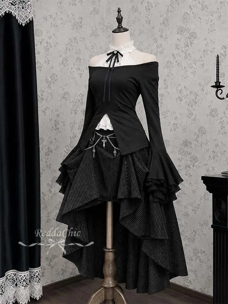 ReddaChic Bell Long Sleeve Top Skirt Women 3-piece Set Gothic Sleeveless Blouse Slit Tee Black Hi-Lo Bustle Skirt Grunge Clothes