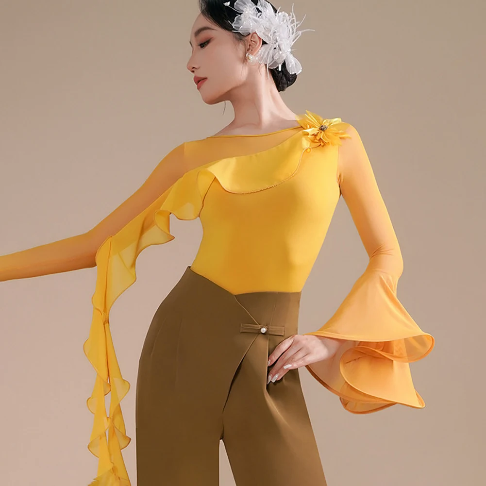 

Новый женский комбинезон для латиноамериканских танцев: фиолетовый, с рюшами, желтыми рукавами-трубами, черный, для выступлений по самбе и бальным танцам