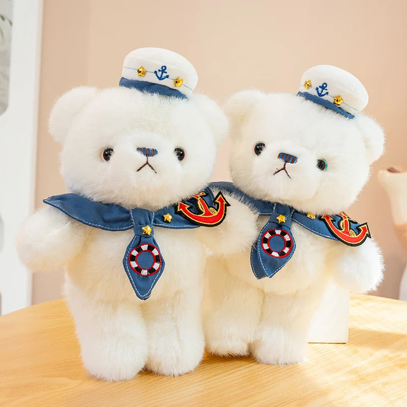 

Новый маленький белый медведь, плюшевые игрушки, милый пушистый мультяшный темно-синий униформа, кукла-медведь, милая детская кукла, подарок на день рождения, Рождество