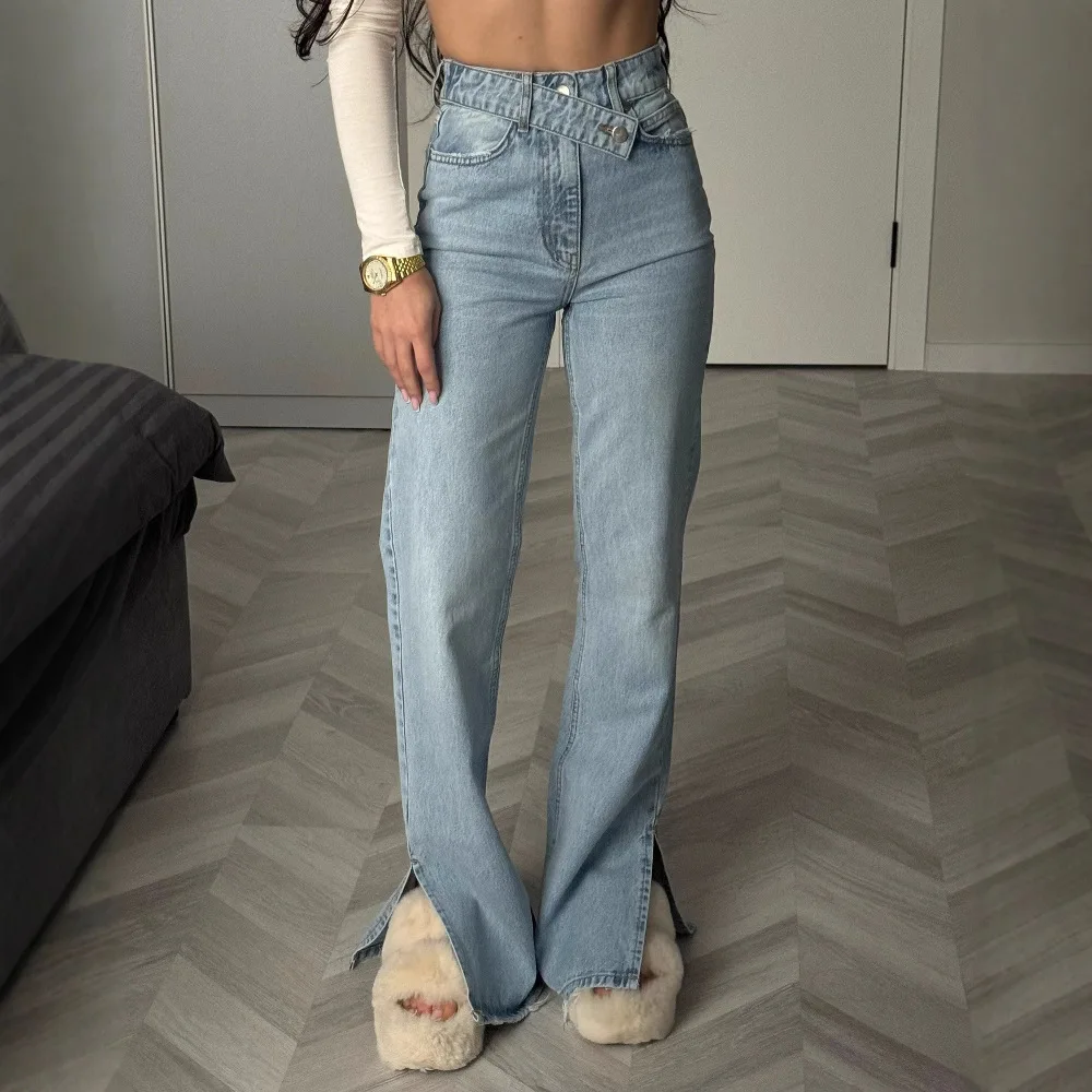 

Американские ретро-джинсы с высокой талией для женщин, зауженные, с асимметричным дизайном, повседневные длинные брюки-клеш