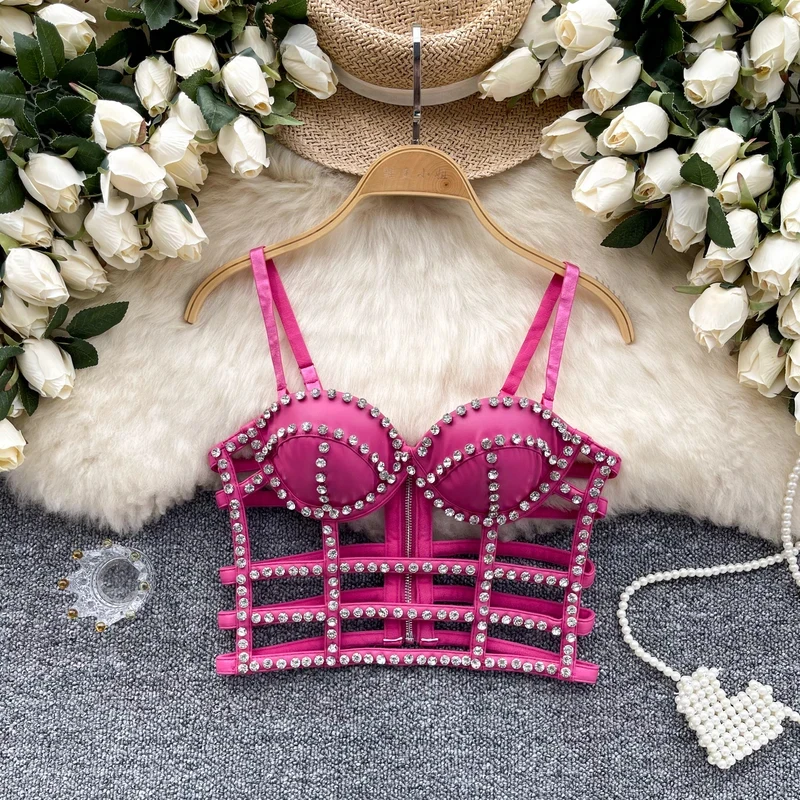 

Women Chic vintage rhinestone Slim cut out Bandage With chest pads Summer sweet Tops Women Beach Crop Top