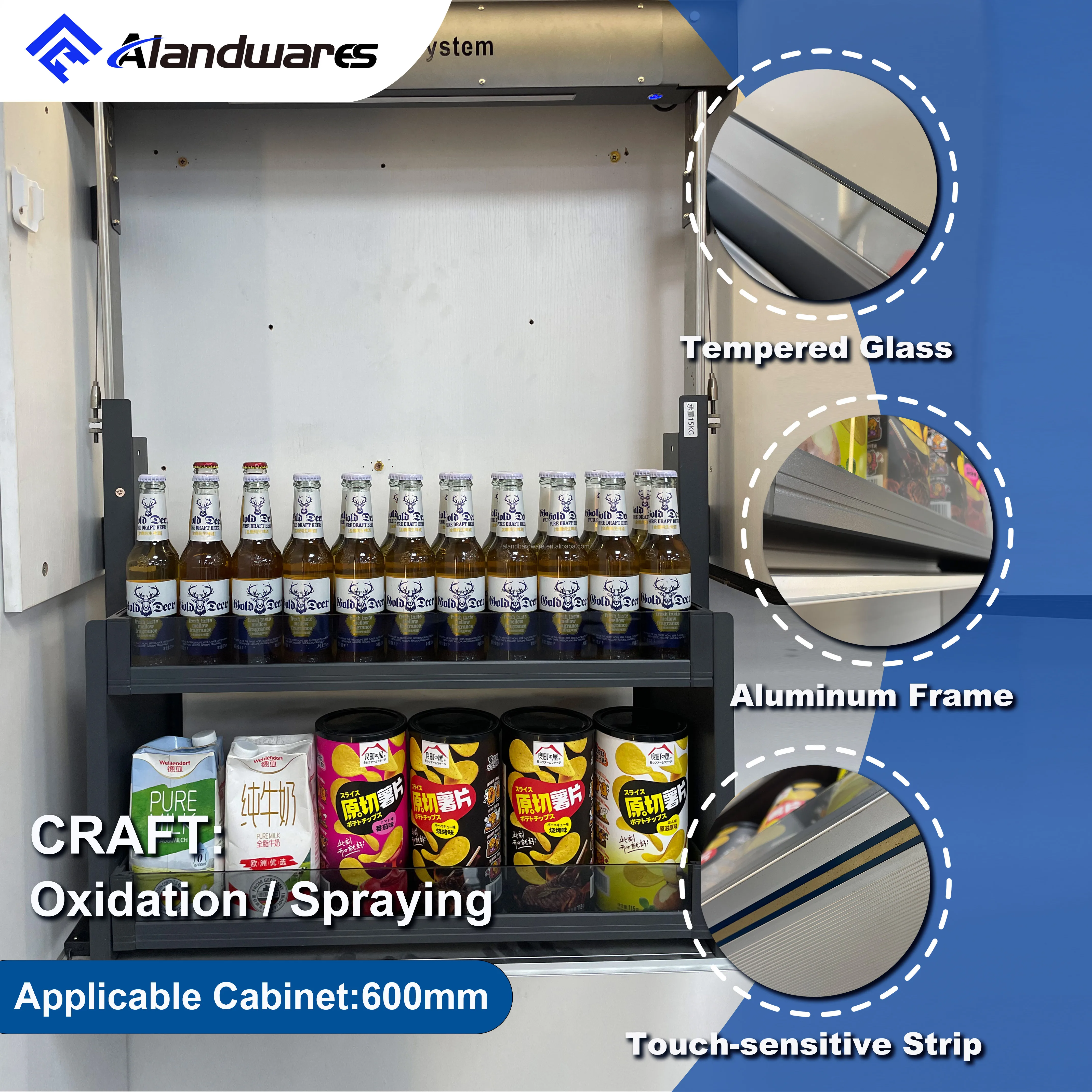 For Amazon Hotselling Modern Kitchen Storage Cabinets Motorized Accessories Organizer Aluminum Frame Glass Electric Basket