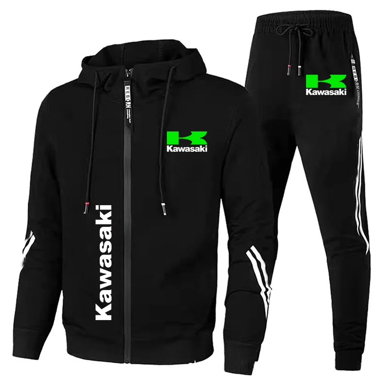 Men's Kawasaki Logo Printed Tracksuit Motorcycle Jacket Outdoor Sports Hooded Sweatshirt+Pants 2Piece Racing Biker Sportswear