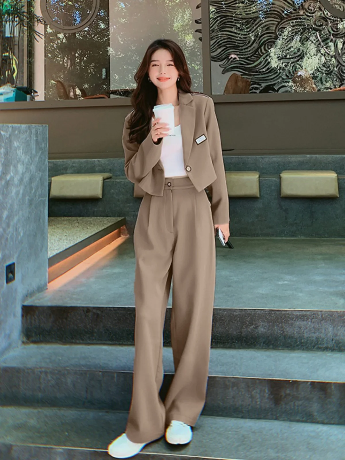 

Новый деловой женский костюм-двойка в стиле кэжуал-шик, весна-осень 2025, с широкими брюками, элегантный, премиум-класса