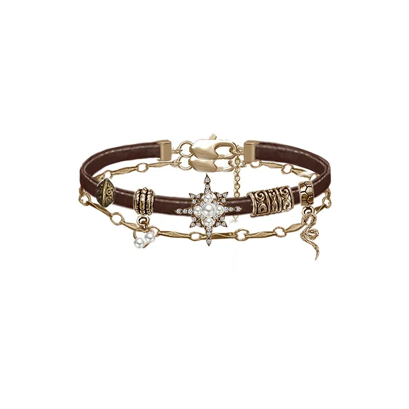 MASW nostalgic retro Maillard wind star zircon bracelet stacked with vintage leather jewelry