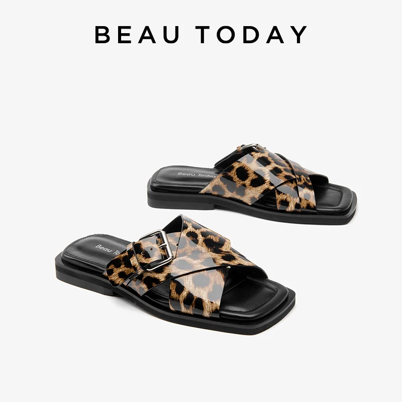 

BEAUTODAY Leisure Sandals Women Genuine Cow Leather Leopard Design Summer Beach Slippers Ladies Shoes Handmade 36302