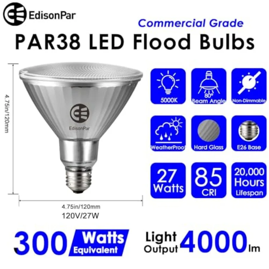 Full-Glass PAR38 LED Flood Light Bulbs Outdoor/Indoor Equivalent 300 Watt, 4000 Lumens Ultra Bright, Non-Dimmable Waterproof 50
