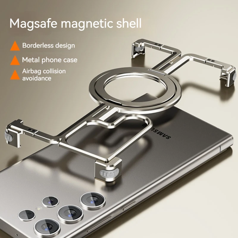 

Magnetic Metal Bracket Phone Case For Samsung Galaxy S25 S24 Ultra Aluminum Alloy Frameless Bumper With Finger Ring Phone Cover