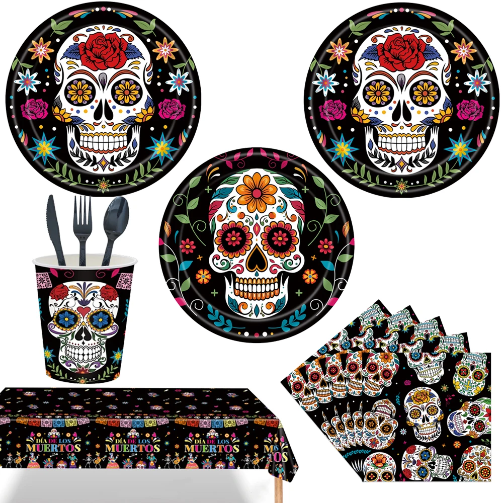 Day of the Dead Halloween Theme Flower Skull Disposable Tableware Paper Plates Cups Napkins Banner Hanging Decor Party Supplies