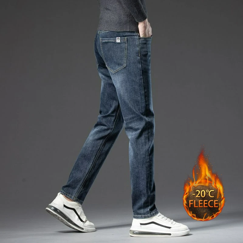 メンズ秋冬暖かいフリース裏地付き厚手ストレッチソリッドジーンズビジネスカジュアルジーンズ軽量パンツオフィス日常着