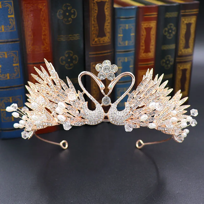 New Diadema Swan Handmade Rhinestone Pearl Crown Bride Crown Princess Birthday Crown Wedding Jewelry Batch in Europe and America