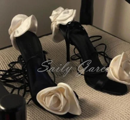 

New Wedding Satin Flower Sandals Lace-Up Summer Sexy Thin High Heel Roman Cross Tied Women's Shoes Red White Big Size 44