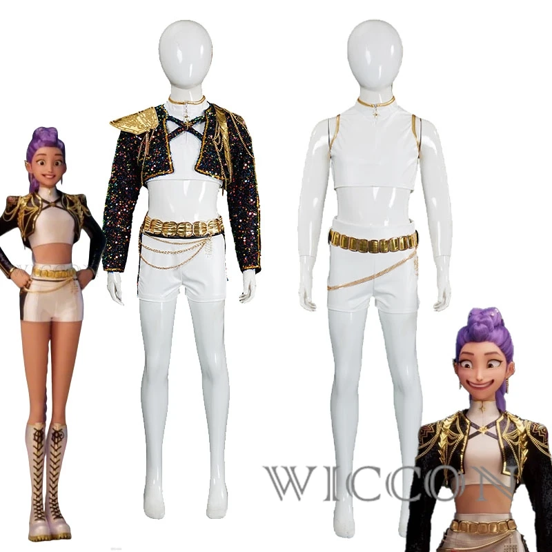 

Kang Ru-mi для взрослых и детей Huntrix K-Pop Rumi Kang Косплей Охотники на демонов 강루미 Лидер Жилет Юбка Комплект Хэллоуин Косплей Золотой наряд