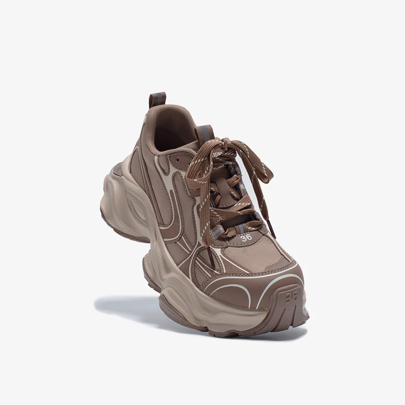 BEAUTODAY Chunky Sneakers Women Split Leather Solid Color Round Toe Lace-Up Ladies Shoes Handmade OG-B2111A