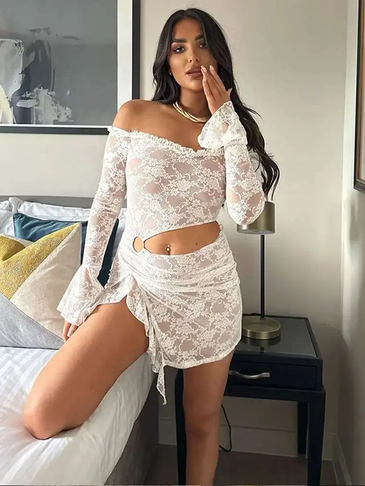 Vrouwen Sexy See Through Hollow Taille Mini Jurk Mode Lange Mouw Ring K Kanten Jurken 2025, Vrouwelijke Nacht Party Club Gewaden